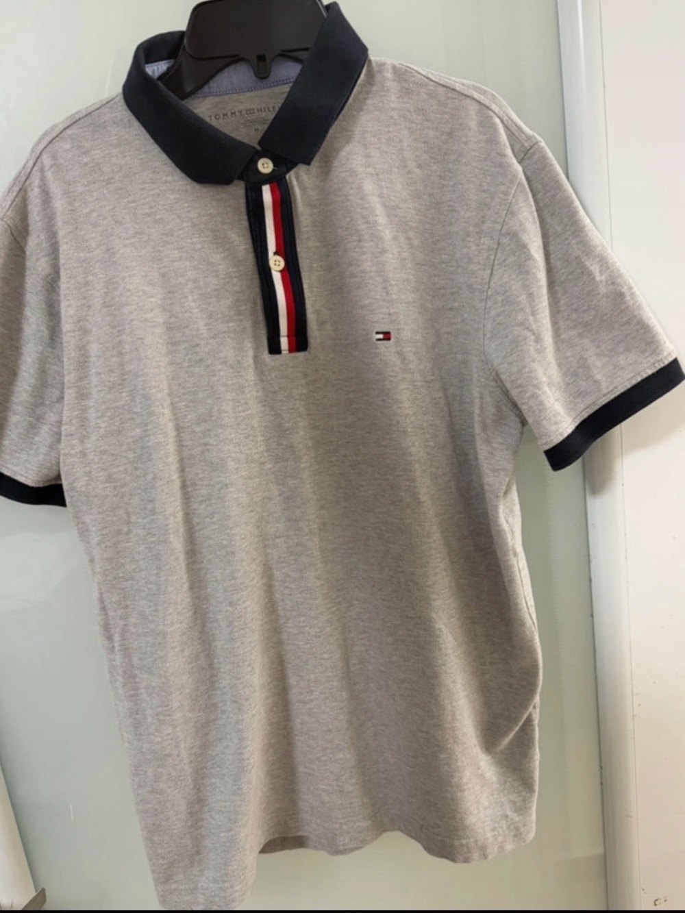 Tommy Hilfiger Light Gray Polo with Navy Collar and Red-White-Blue Placket